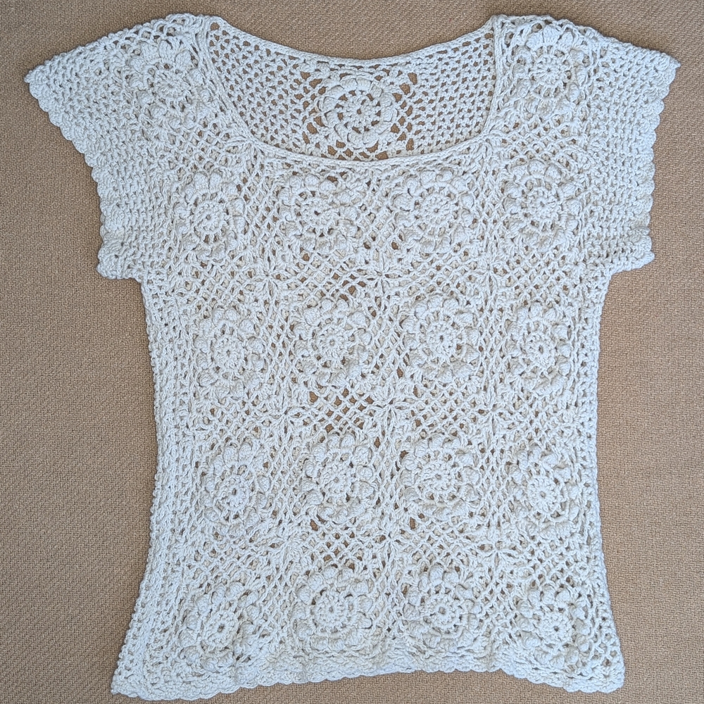 Vintage Cream Off White Crochet Chunky Knit Short Sleeve Shirt